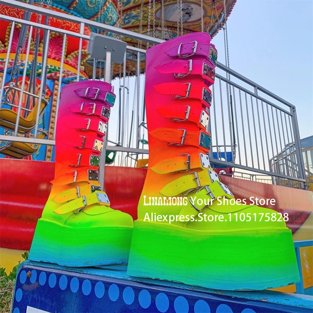 

Colorful Chunky Heel Platform Boots Adjustable Buckles Wedge Knee High Boots Ultra High Stacked Sole Gradient Boots for Women