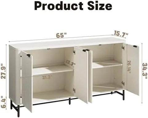 Aparador grande estriado con estantes ajustables, credenza blanca de 65' para salón o pasillo