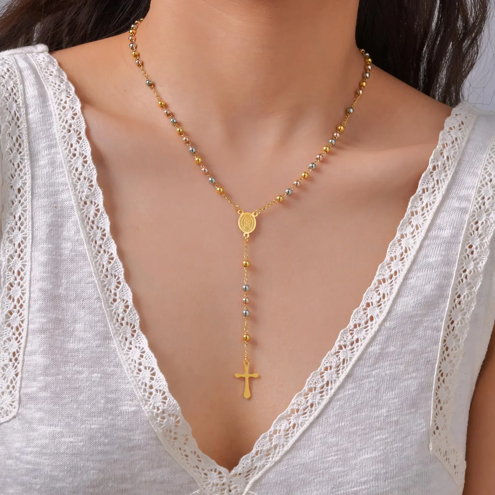 Tri-color Beaded Virgin Mary Y-shaped Necklace, Holy Spirit Cross Pendant Necklace for Women, Stainless Steel Religious Jewelry