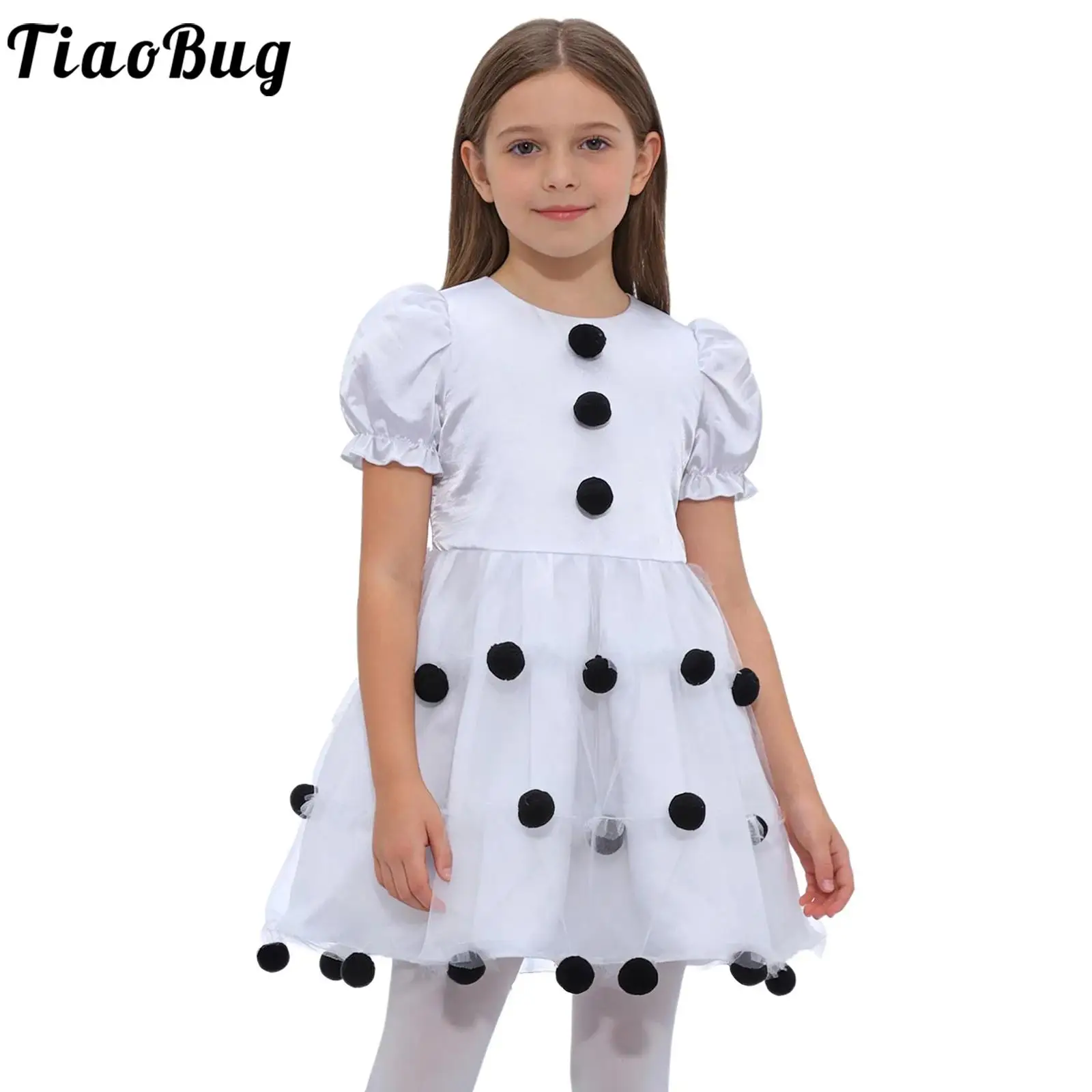 

Детский рождественский костюм снеговика для девочек, трико, танцевальное платье-пачка, пышные рукава, декор с помпоном, тюлевое платье с рюшами, танцевальная одежда для балерины