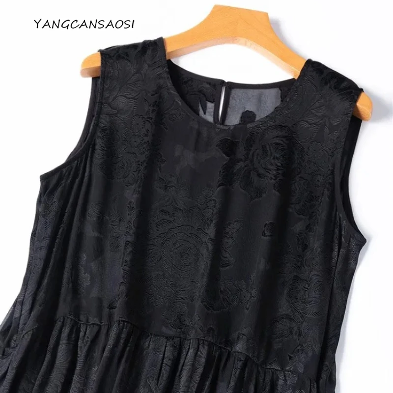 

Black Jacquard Women's Dress Beautiful Semi Transparent 100%Natural Mulberry Silk 1.2-meter Skirt Hem Big Swing Women's Clothing