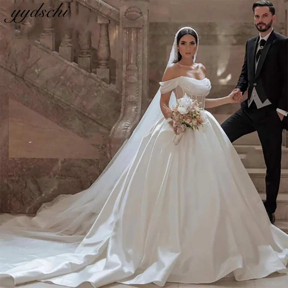 Customized Boat Neck Sleeveless Chiffon Beaded Satin Ball Gown Wedding Dresses 2025 Lace Up Court Train Bridal Gowns For Women