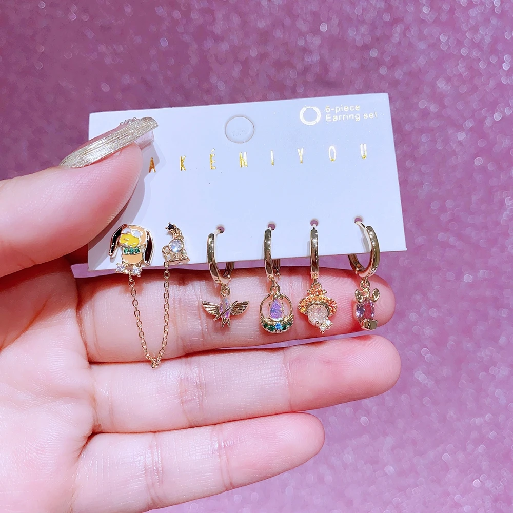 MIGGA 6pcs Mix and Match Design Cartoon Dangle Earrings Set Gold Plated Cubic Zircon Women Jewelry