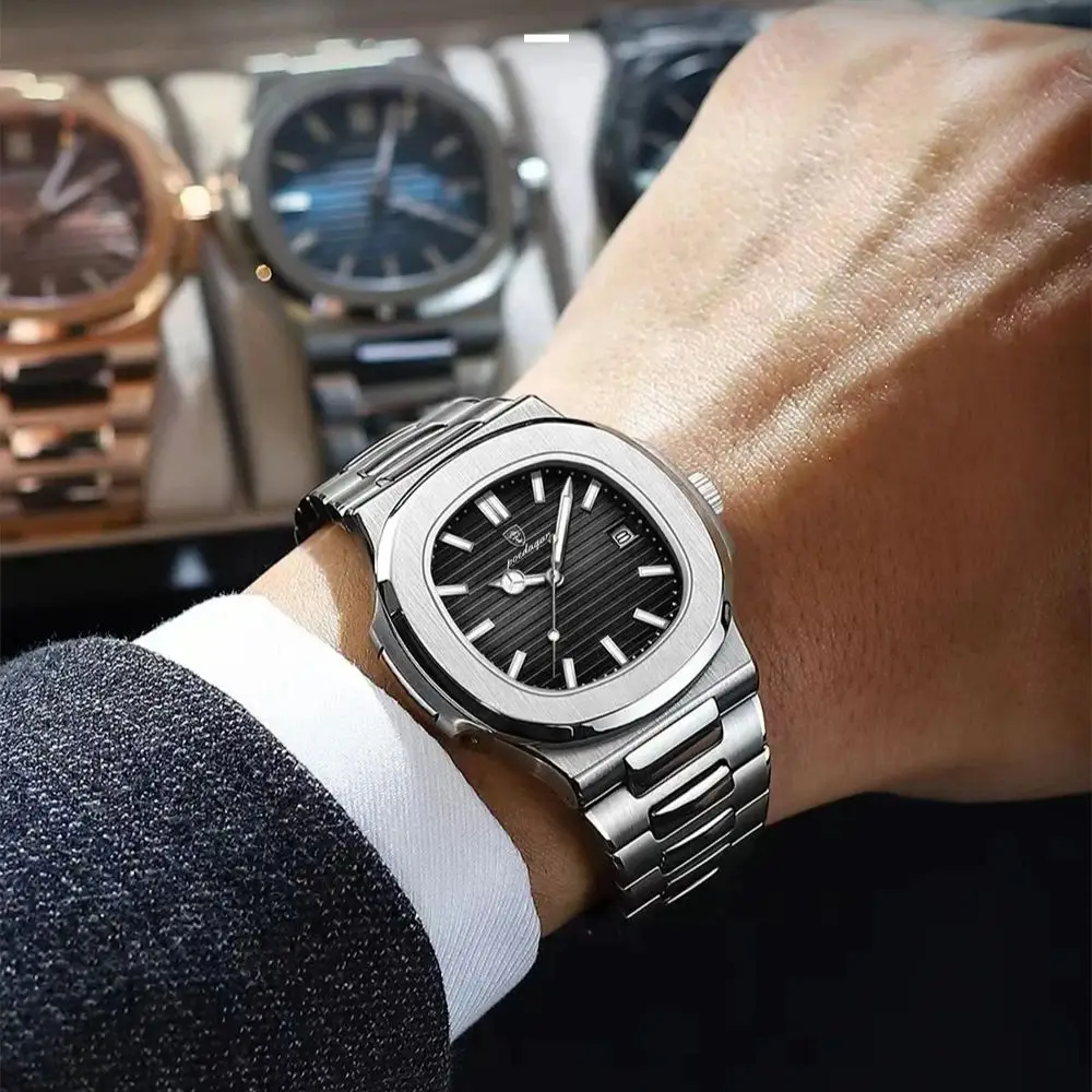 POEDAGAR Luxury Watch Business Waterproof Male Clock Luminous Date Stainless Steel Square Quartz Men Watch reloj hombre 2024 New