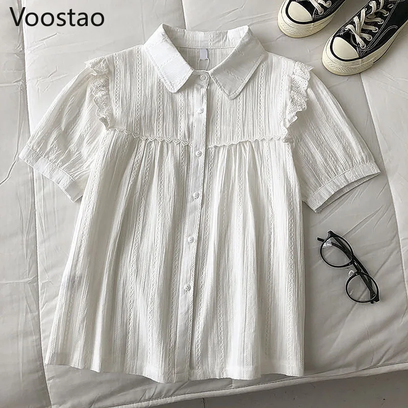 Summer Sweet Lolita Style Blouses Women Korean Chic Lace Ruffles JK Shirts Girls Cute Short Sleeve White Blusas Mujer Tops