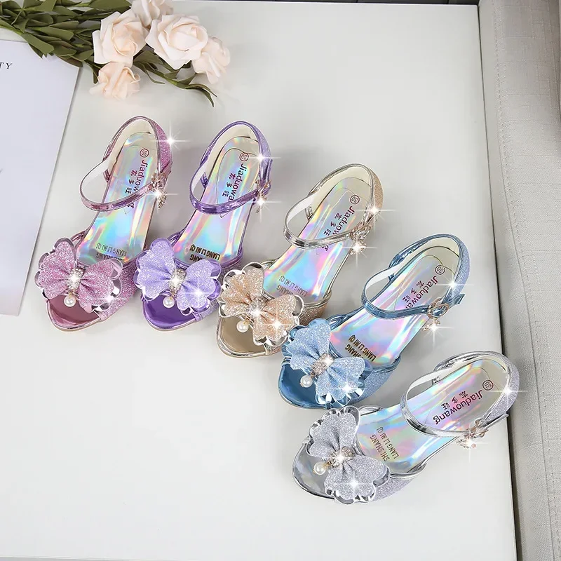 Princess Kids Leather Shoes for Girls Flower Casual Glitter Children High Heel Girls Shoes Butterfly Knot Blue Pink Silver