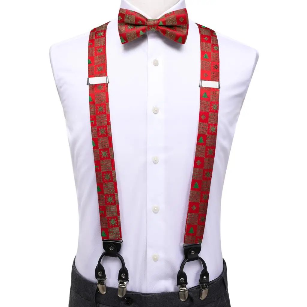 Hi-Tie Vintage Silk Men\'s Christmas Suspender Fashion Red Green Suspender and Bow Tie Set Leather Metal 6 Clips Suspender Braces