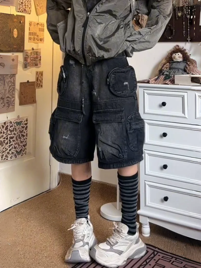 2025 American Street, übergroße, gewaschene Vintage-Jeansshorts mit mehreren Taschen für Damen, Arbeitskleidung, hohe Taille, gerades Bein