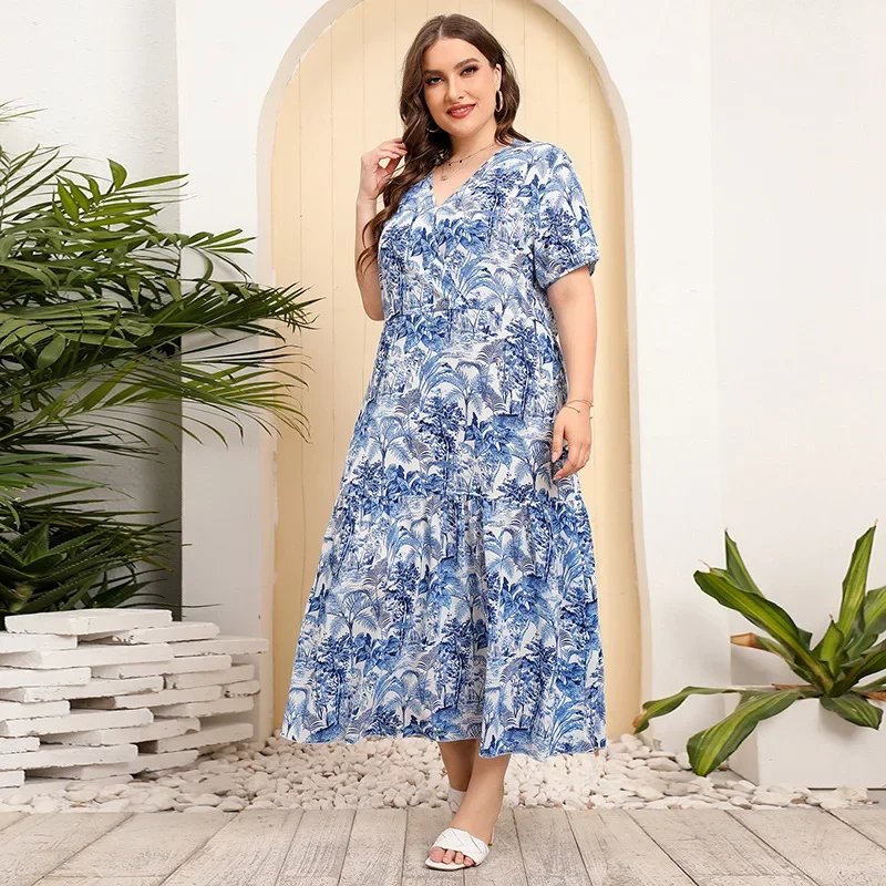 Wakacje Plaża Plus Size Sukienki Luźne Kobiety Kwiatowy Nadruk V-Neck Lady Dress Moda Casual Kobieta Streetwear Wiosna Lato