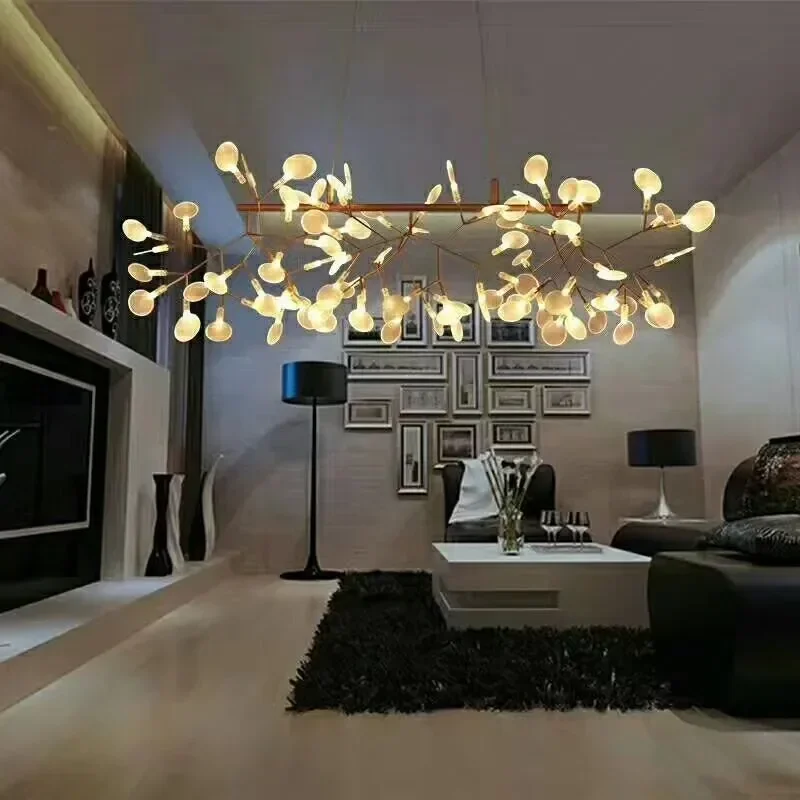 Nordic Firefly Romantic Chandelier Stylish Tree Branch Metal Round Pendant Light Dining Room Living Room Decoration Fixture