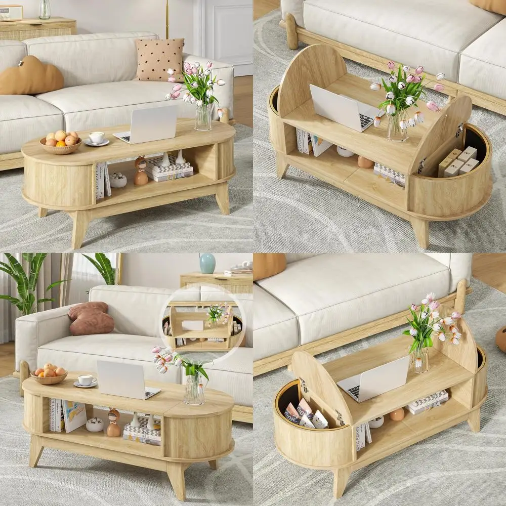 

Oval Coffee Table with Storage, Modern Wooden Accent Table with Lift-Top Lid for Home or Office (Wood Color)
