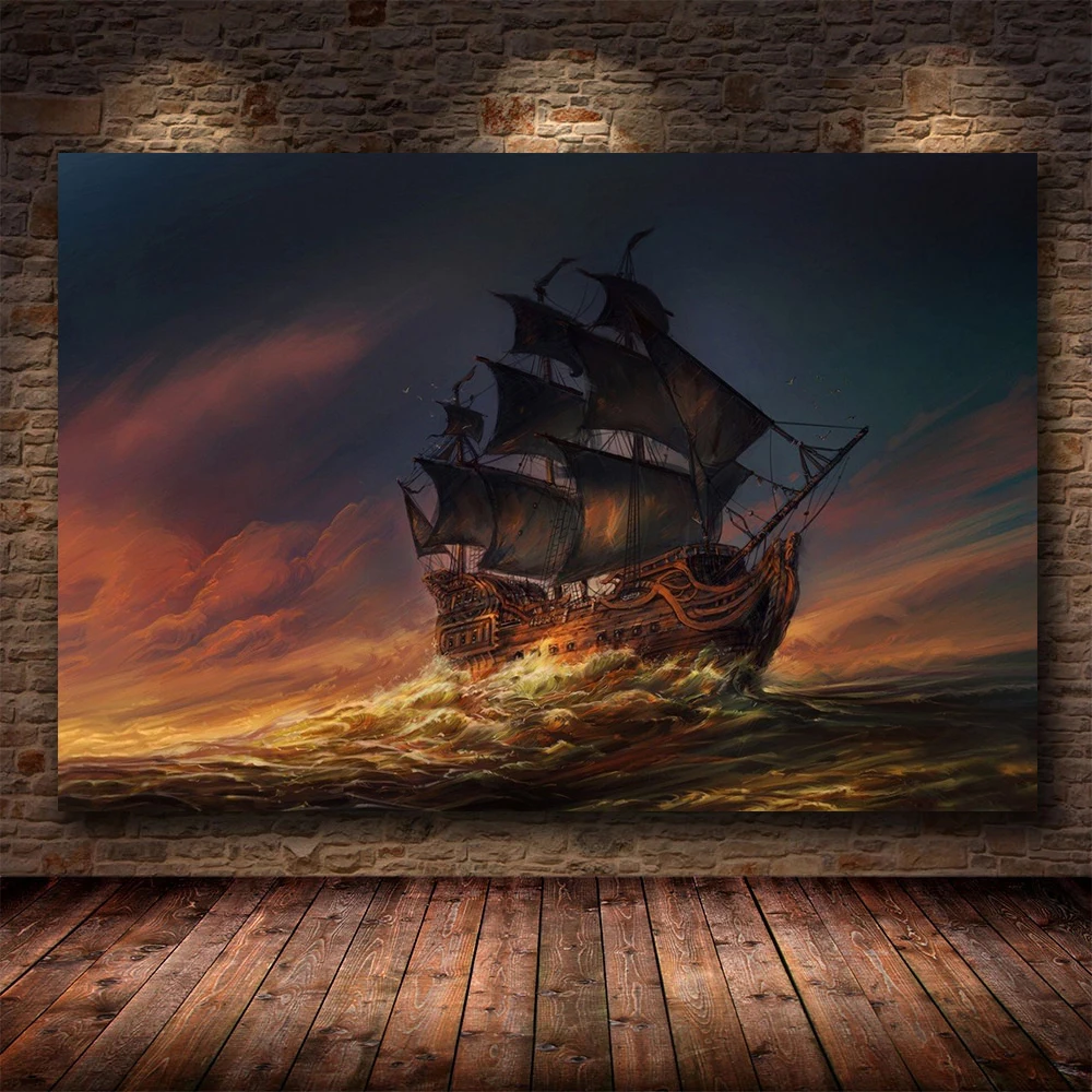 

Vintage Pirate Ship Black Sailing Ship Seascape Print Art Canvas Poster for Living Room Decoration Home Wall Decor Picture