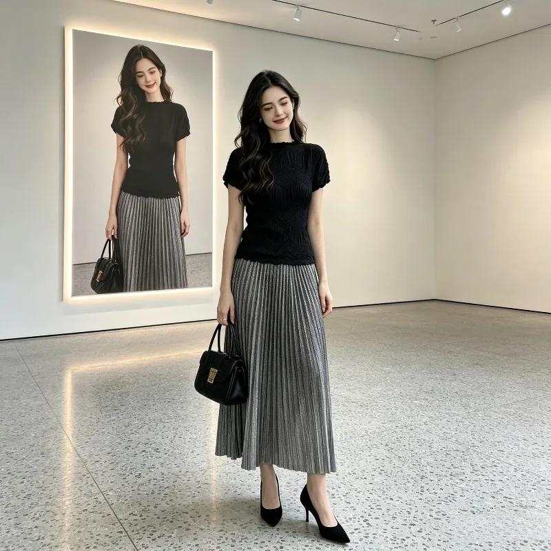 Miyake Pleated 2026 New Summer Fashion Set for Women Short Sleeve Top and Pleated Skirt Two-Piece Set Commuting Outfit for Women