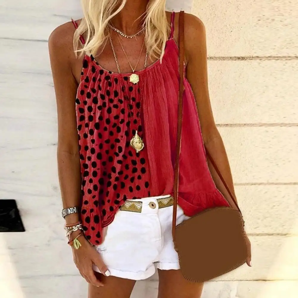 

Sling Blouse Leopard Print Patchwork Sling Tops Summer Streetwear Fashion for Women Loose Fit Stretchy Vest with Sling Sleeves