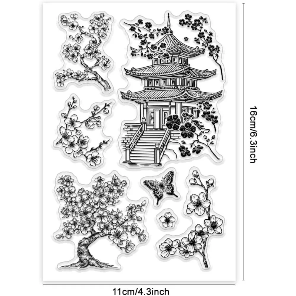 Oriental Courtyard Clear Stamps Flower Butterfly Rubber Stamps Pavilion Transparent Stamps Silicone Stamp Seal for Holiday