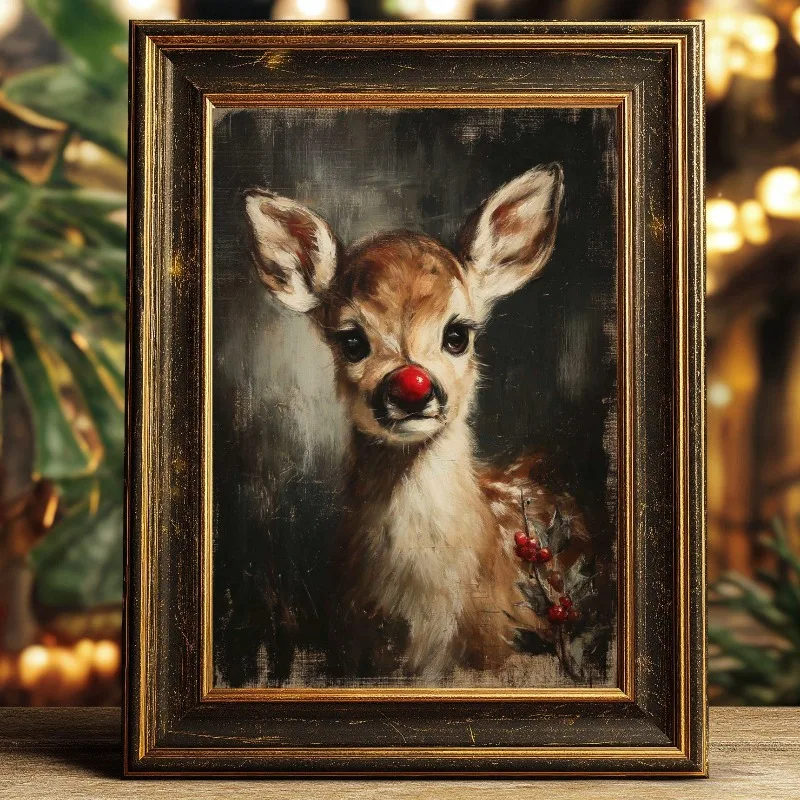 Christmas Red Nosed Reindeer Printed Painting Frameless Canvas Wall Art Festive Holiday Home Decor Cozy Winter Living Room