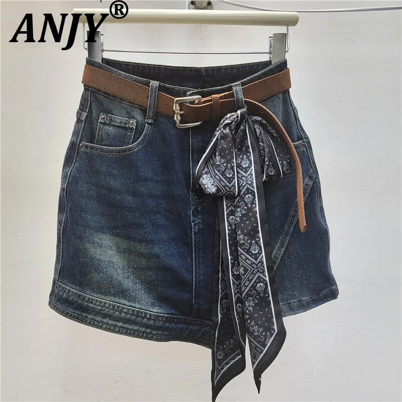 

ANJY летняя женская джинсовая юбка в женском стиле с шарфом и поясом для похудения, универсальные короткие юбки трапециевидной формы для девочек с высокой талией A10429