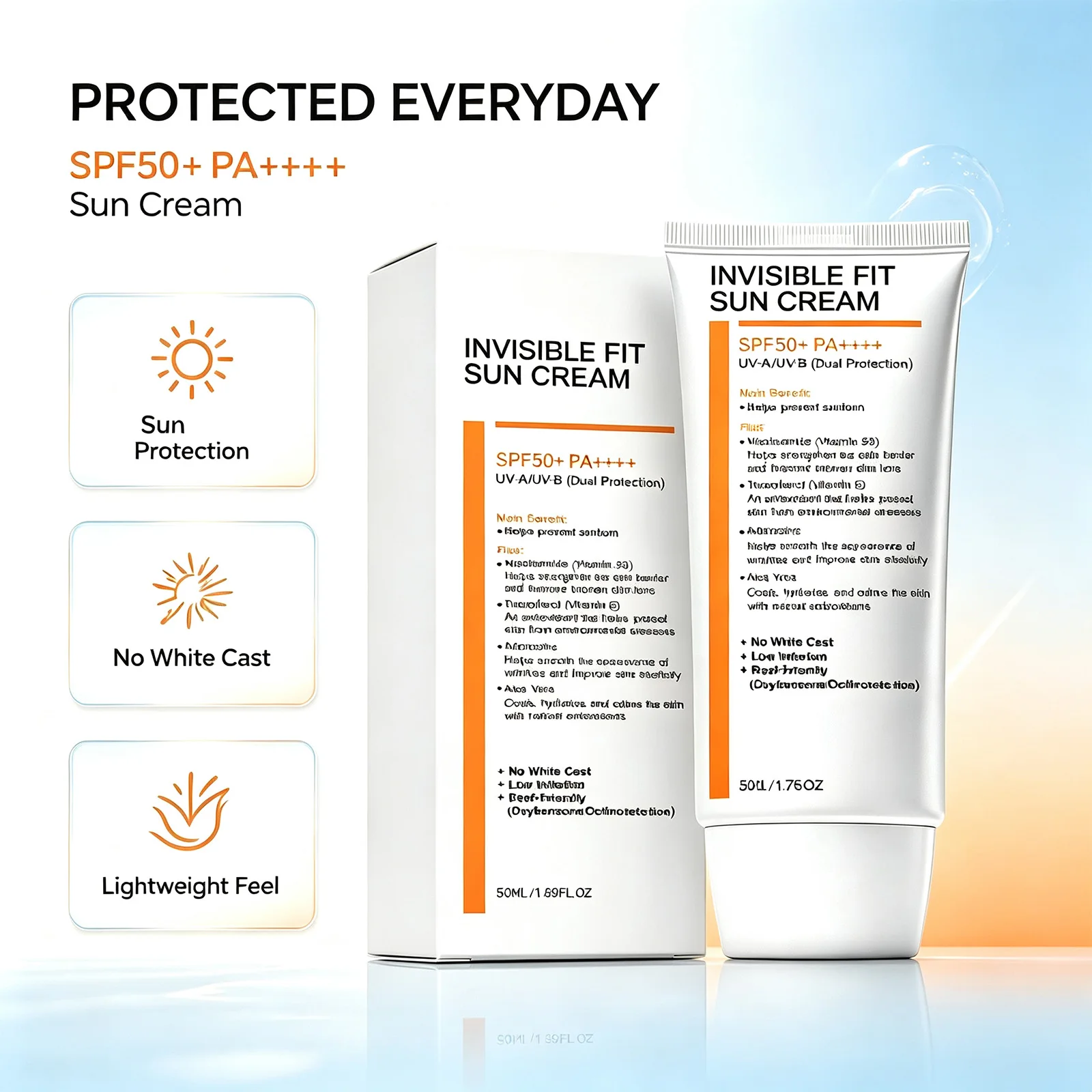Protetor Solar SPF 50 com Niacinamida, Creme Hidratante Invisível, Sem Resíduo Branco, Leve para Cuidado Facial e Corporal, Proteção Solar 50g