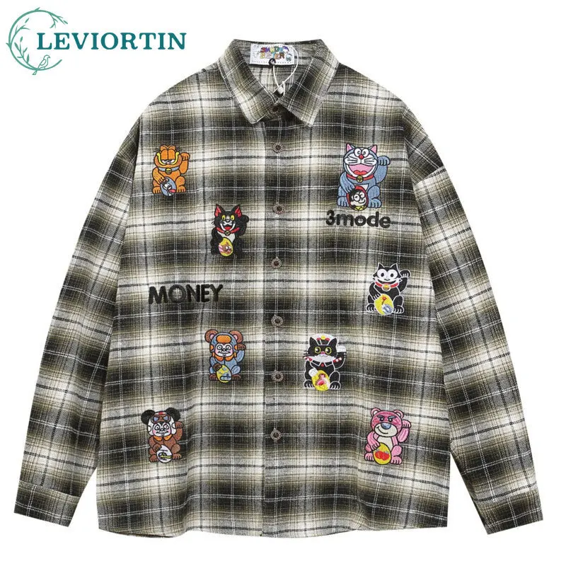 Various cat embroidery checkered long sleeved shirts for men in spring 2025 new loose and fashionable Japanese cute tops, trendy