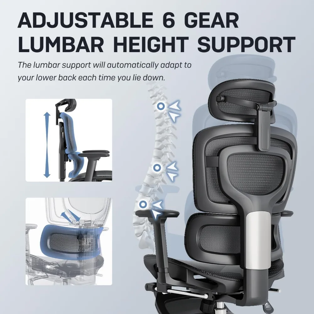 Breathable Mesh Chair with Adaptive Lumbar Support, 3D Headrest, Armrests, Retractable Footrest,Adjustable Backrest
