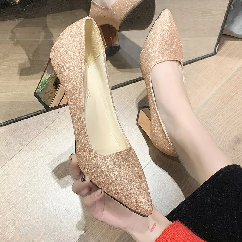 Women New Bling Pumps 7.5cm Square heel Sequined Leather Slip On Mary Janes Pointed Toe High Heel Lady Footwear Plus Size 45 46