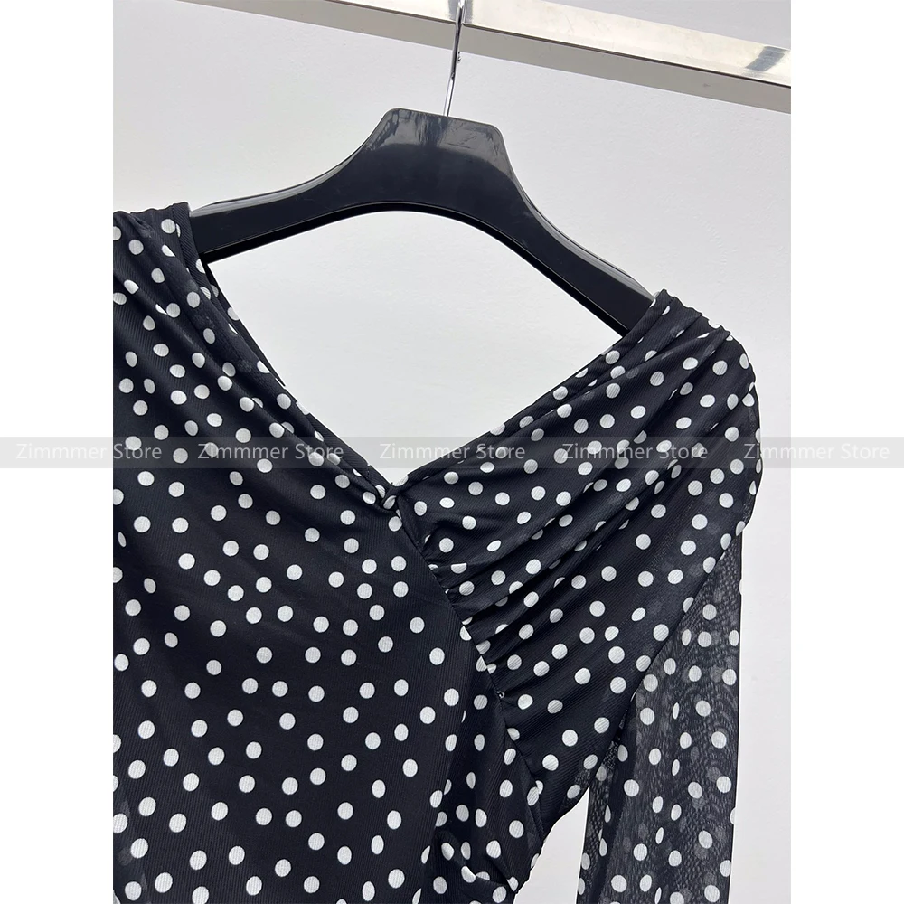 Retro chic V-neck elegant polka dot print long sleeve t-shirt + high waist half skirt suit women