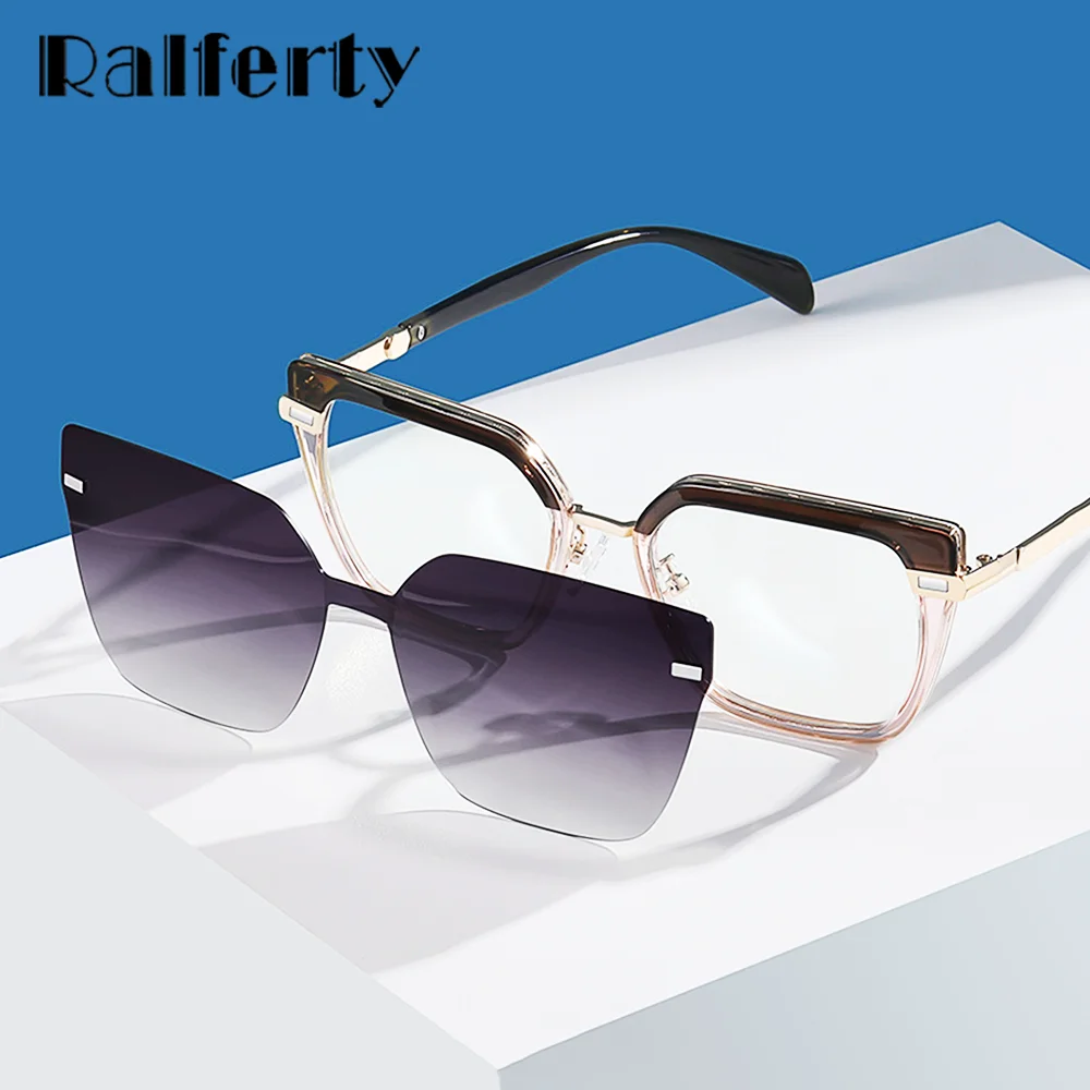 Ralferty Designer Polarized Sunglasses Women 2 In 1 Clips On Glasses Female Spectacles Frame Cat Eye Glasses 0 Diopter Eyewear