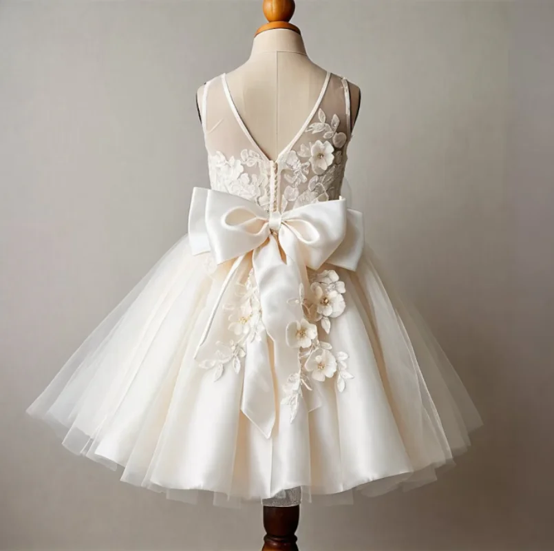 Robe en dentelle avec grand nœud pour bébé fille, robe de princesse pour premier anniversaire, robe de baptême, ensemble pour bébé, appliques, anniversaire