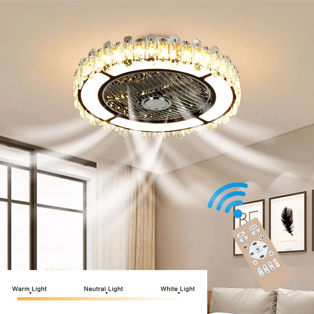 KOMORE Round Crystal Flush Mount LED Ceiling Fan Light with Remote Control 3 Speeds for Office, Living Room, Bedroom