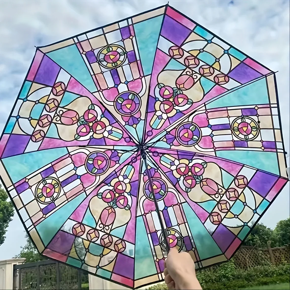 Retro Window Flower Pattern Transparent Umbrella Fully Automatic Opening and Closing Portable Wind-resistant  Travel Umbrella