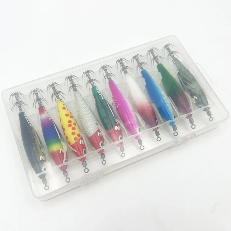 ShareShark 10 Stück/Box Leuchtendes horizontales Garnelen- und Tintenfischhaken-Hartköder-Set, geeignet für Meeresangeln auf Tintenfische und Oktopus. – Detail 5