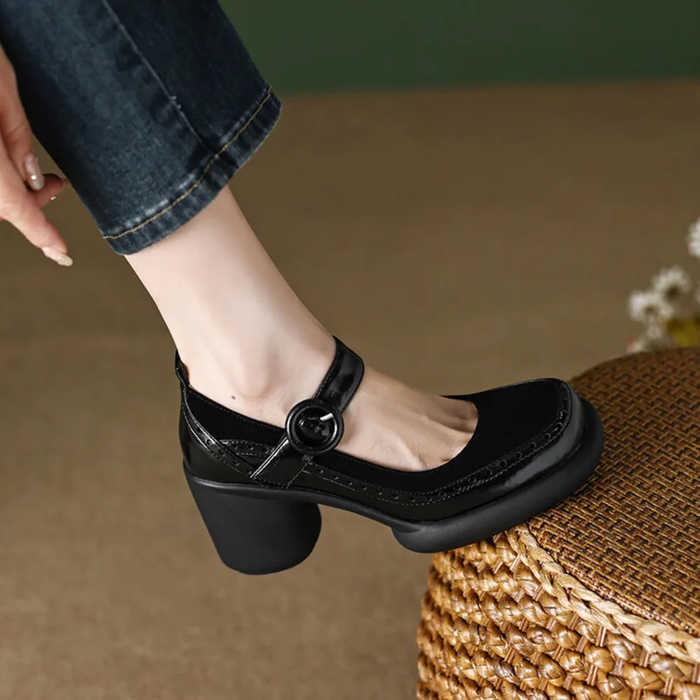 Mary Jane Shoes Women High Heel Shoes 2024 New Black Small Leather Shoes Square Head Thick Heel Suede Leather Shoe Pumps Size 41