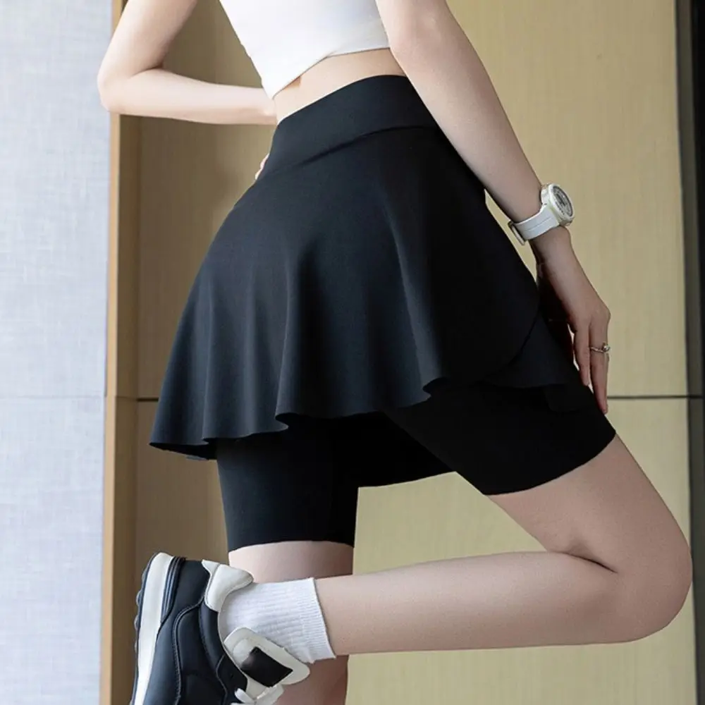 Elastic High Waist Yoga Skorts Built in Pockets Anti-exposure Faux Two-piece Skirt Pants Quick-drying Sport Running Shorts