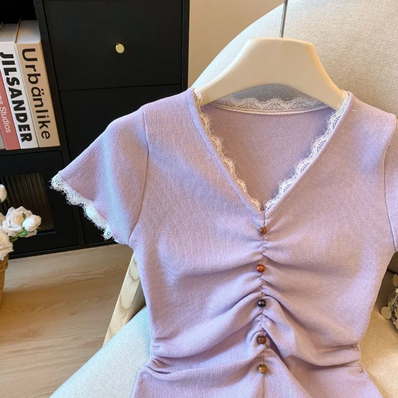 French Knitted V-neck Summer Short Sleeved T-shirt Women Slim Fit Temperament Versatile Gentle Top