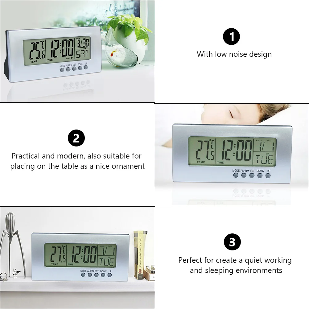 

1 pc Digital Alarm Clock Calendar Temperature Display Desktop Time Date Week Low Noise Multi-Function Bedside Clock Home Decor