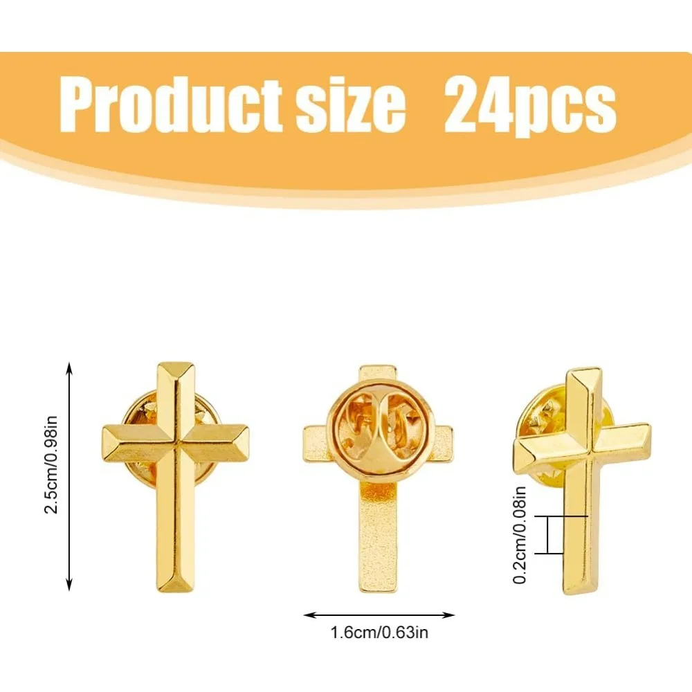 24Pcs Golden Cross Lapel Pins Alloy Cross Brooches Metal Badge for Funeral Church Pray Public Event Lapel Pin Bulk for