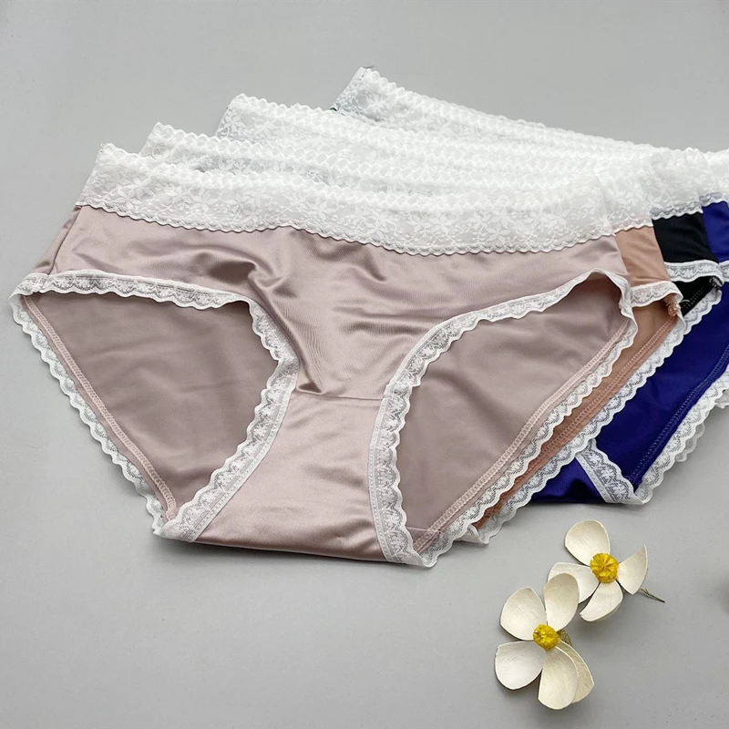 Sexy  Ice Silk Underwear Women Silky Cozy Panties Mid-waist Underpants Thin and Elastic Lingerie Ladies' Briefs Girly Cute Tanga