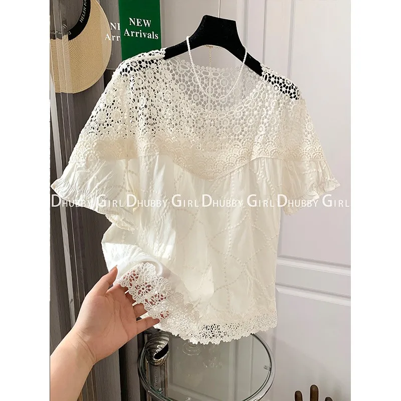 Summer Vintage Lace Hollow Out Patchwork Shirt Women's Clothing Solid Color All-match Stylish O-Neck Loose Short Sleeve Blouse