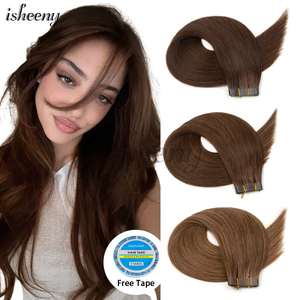 Ishenny PU لحمة شعر مسطحة 12 16 20 بوصة حقيقي طبيعي بني داكن مستقيم حزم شعر بشري طويل لا شعر مستعار للنساء