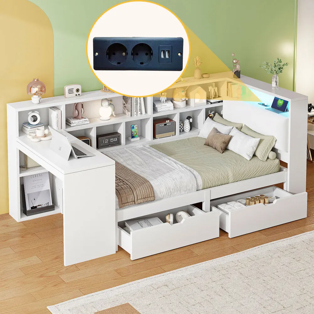 90x200 L-förmiges Plattformbett aus Holz mit Schreibtisch und Bücherregal, Eckkapitänsbett mit gepolstertem Kopfteil, Schubladen, LED-Licht – Detail 3