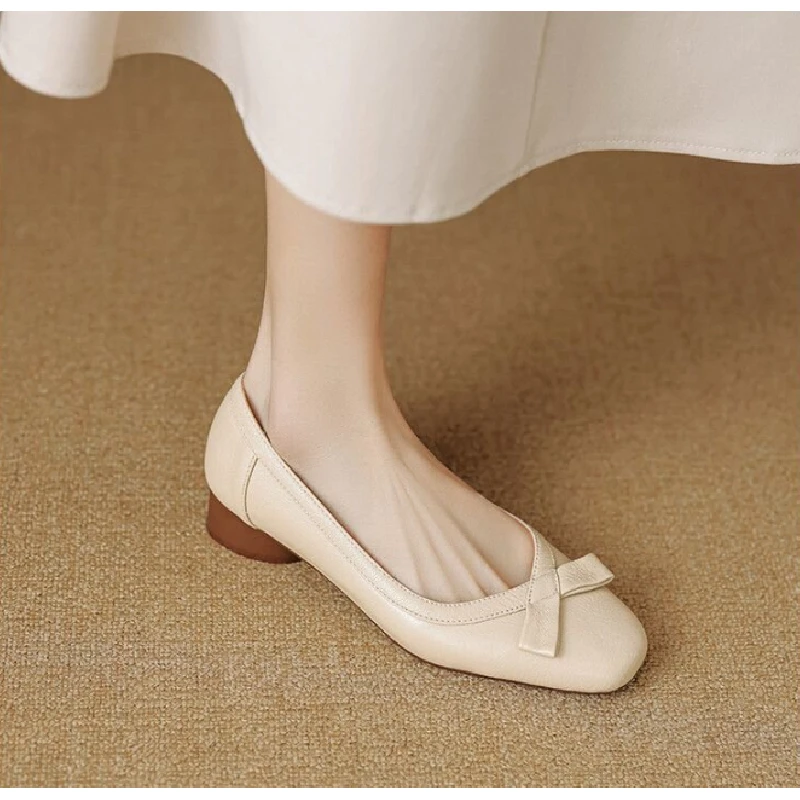 أحذية نسائية مسطحة مرقعة بنعل ناعم على الطراز الفرنسي، نمط جديد للخريف، لهجة فيونكة، أحذية منخفضة القطع، أحذية أمي بكعب منخفض ومقدمة مربعة #4