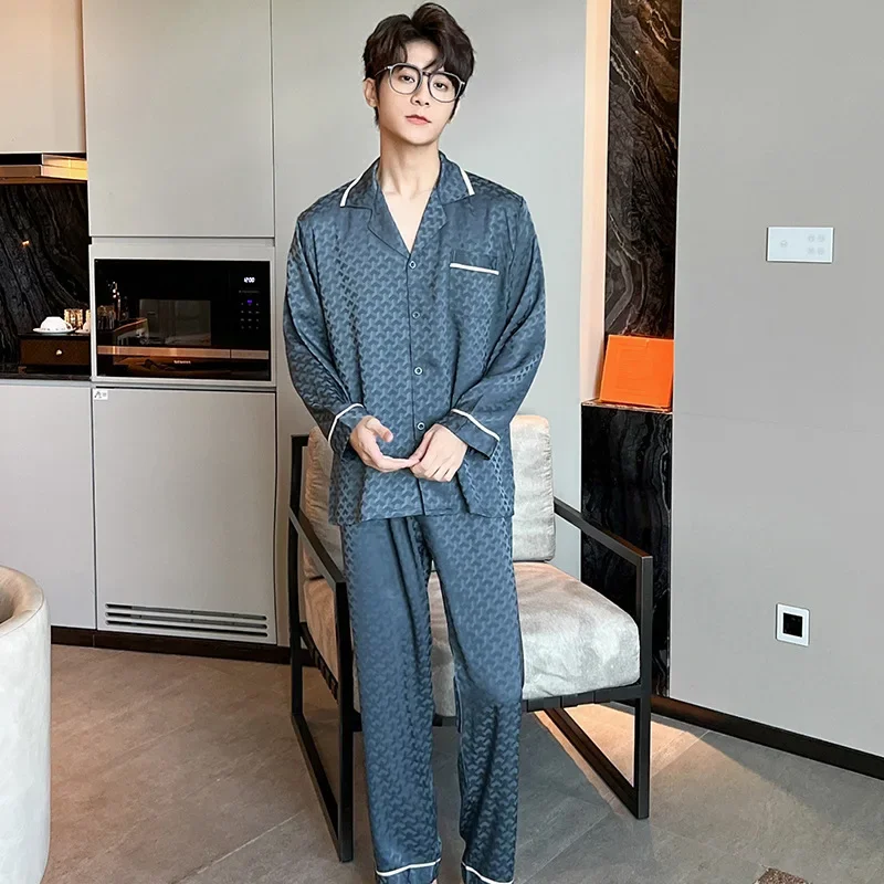 High Quality Men's silk pajamas long sleeve nightgown Solid color jacquard  home wear men's satin sleepwear set