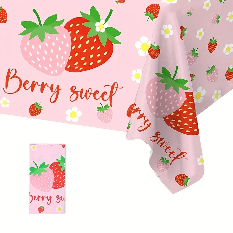 1pc, Sweet Strawberry Tablecloth, 86.61 X 51.18inch, Pink Strawberry Disposable PE Tablecloth, Wedding Bridal Shower Party Decor