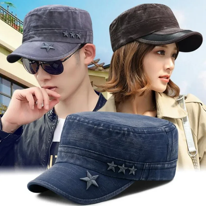 

Men's Brand Sports Cap Camping Fishing Hat Flat Caps For Men Washed Denim Embroidery Military Hats Tongue Cap Adjustable Size