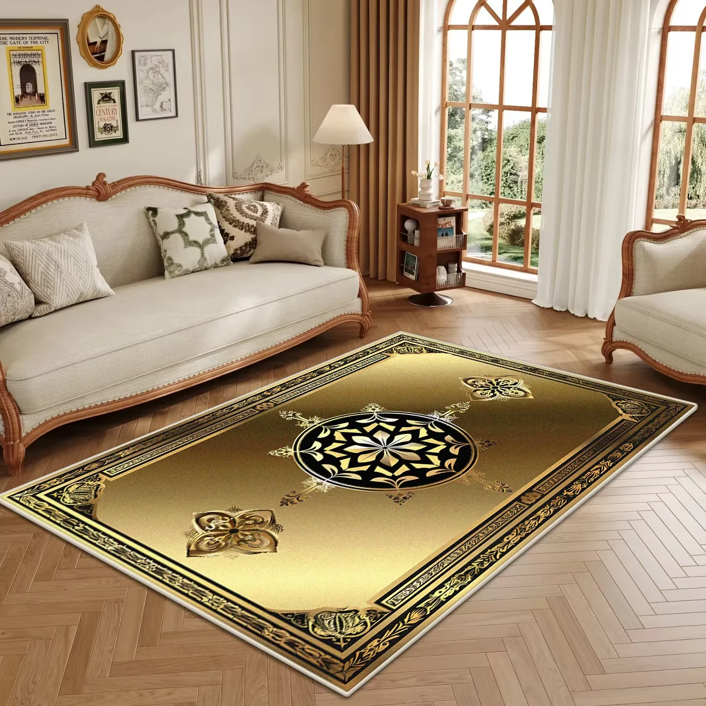 Retro Luxury Golden Border Carpet Living Room Black Non-slip Big Size Decoration Bedroom Rug Soft Easy Clean Entrance Door Mat