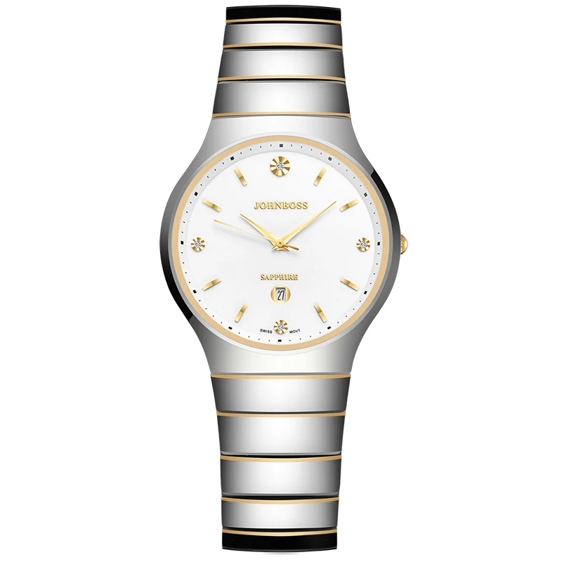 Johnboss круглые ультратонкие часы из вольфрамовой стали диаметром 8 мм, мужские швейцарские кварцевые часы, часы с сапфировым стеклом, деловой диаметр