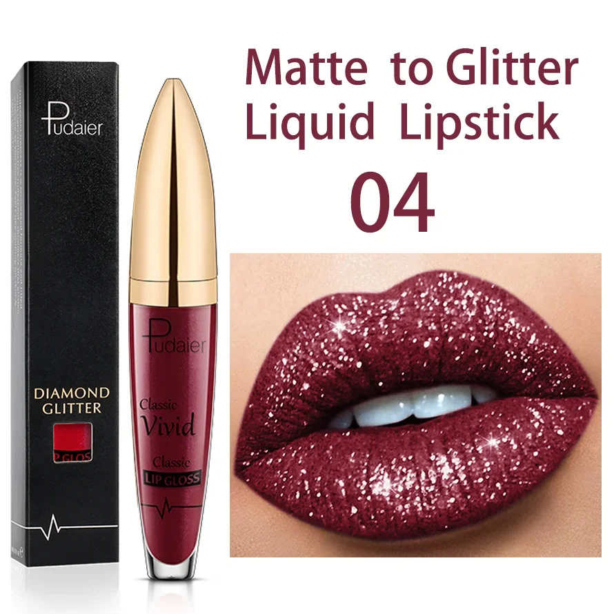 Pudaier Glitter Velvet Matte Lip Gloss กันน้ำ Long Lasting สีแดงสีดำ Liquid Lipsticks แต่งหน้าเซ็กซี่ Lip Tint เครื่องสำอางค์