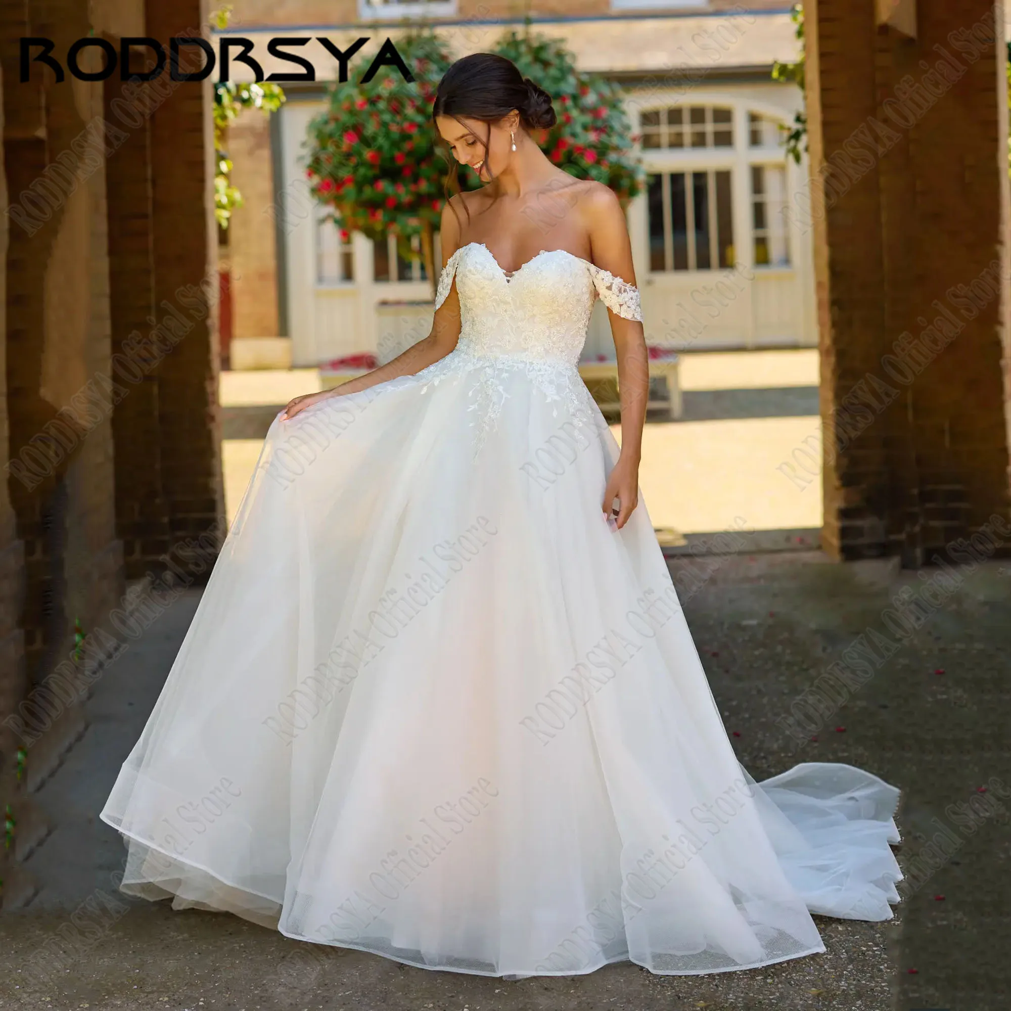 RODDRSYA-Vestidos De Novia De encaje con escote corazón para mujer, vestido elegante con hombros descubiertos, apliques De tul con Espalda descubierta, personalizadoVestido de novia de encaje dulce femenino roddsya ele