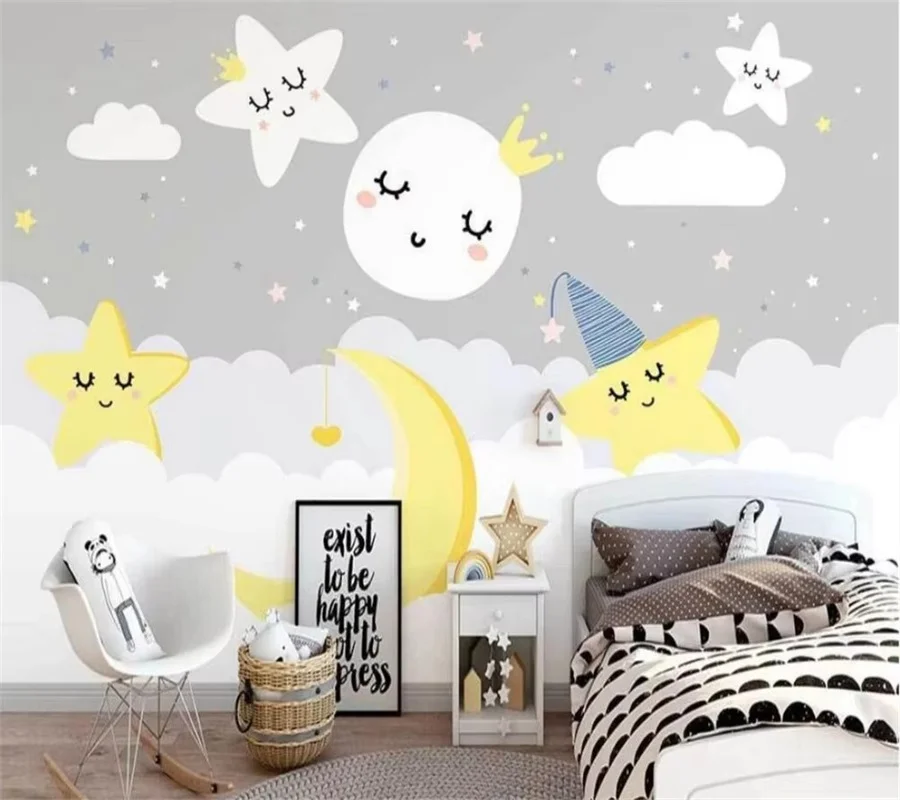 

Пользовательские мультяшные облака, звездные обои, 3d для украшения детской комнаты, скандинавская ручная роспись, лесной олень, настенные обои, домашний декор