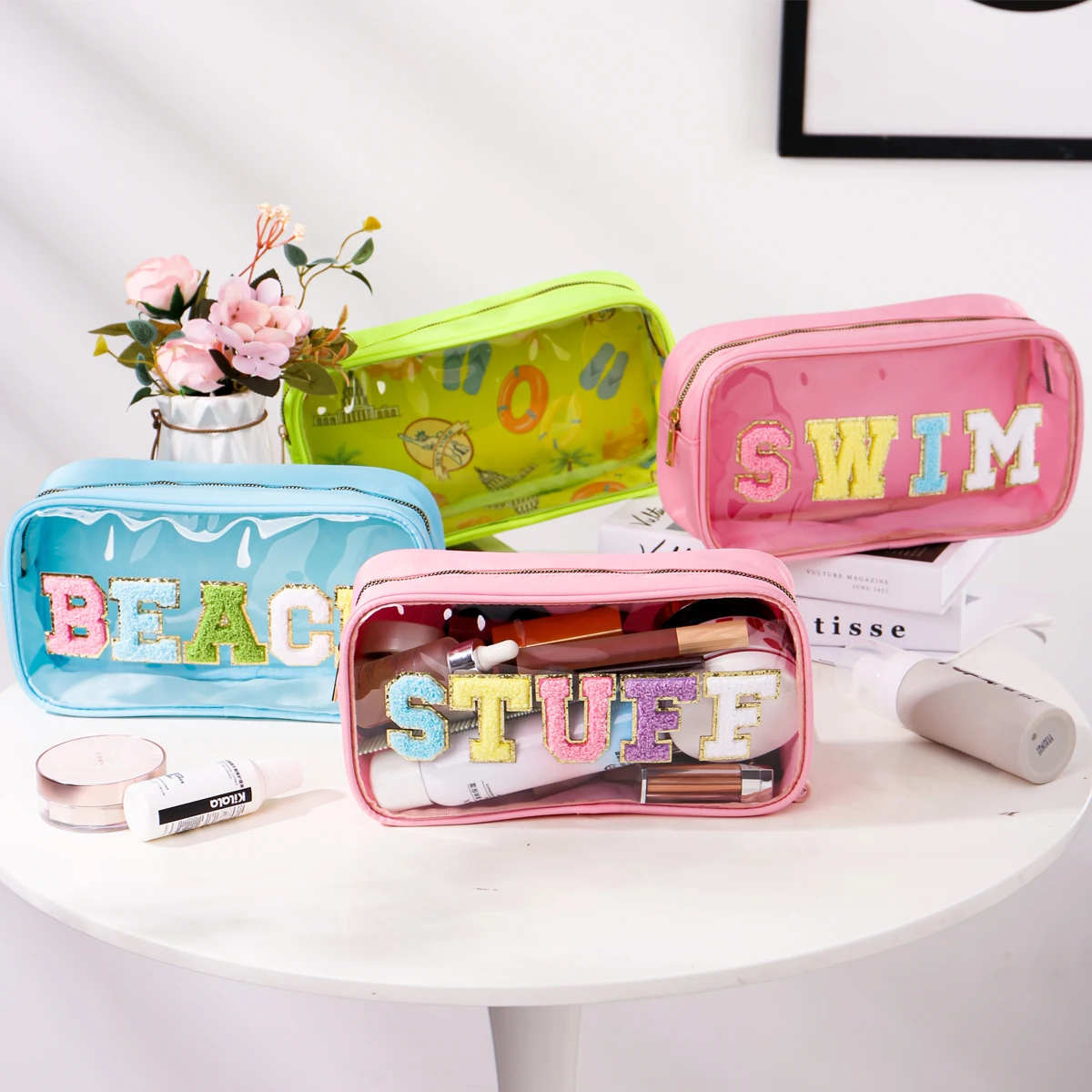 Women Girls Nylon Waterproof Glitter Chenille Letter Clear Patch Makeup Cosmetic Bag Travel Storage Pouch for Swim Beach